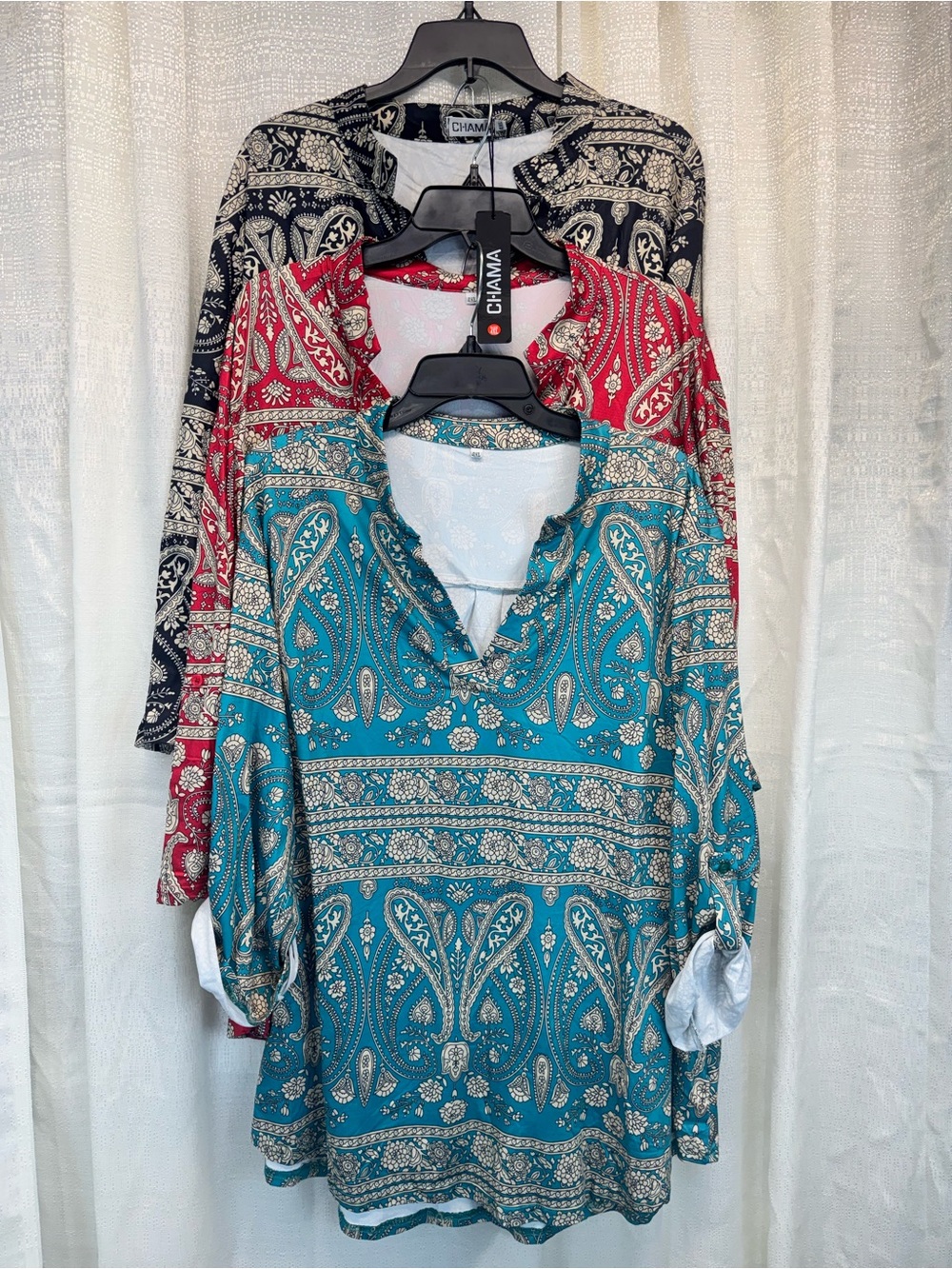 Set of 3  
Chama Plus Size Tunic Tops 3/4 Roll Sleeve Notch V Neck
Blouses